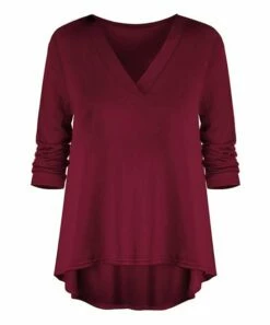 Promo 🧨 UDEAR Dark Red V-Neck Hi-Low Top - 👩 Women & Plus 🔔