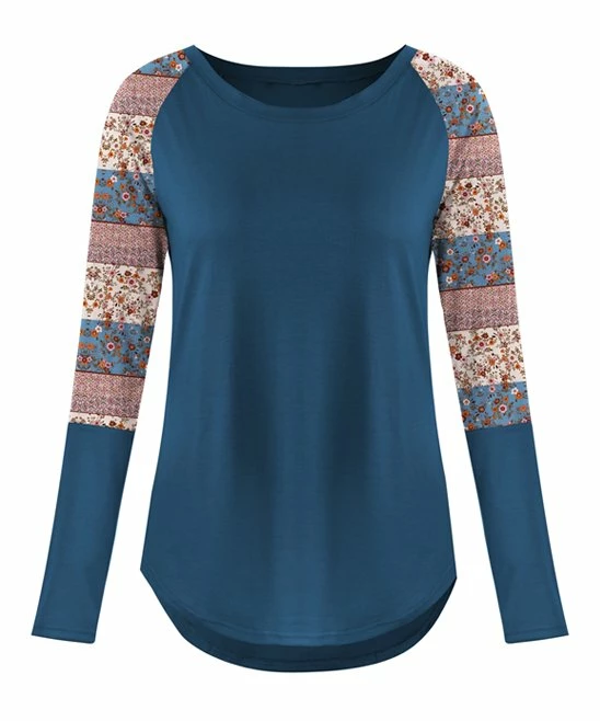 Outlet ๐ UDEAR Cobalt Blue & Orange Floral Patchwork Raglan Top - ๐ฉ Women & Plus ๐ฅ