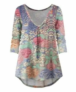 Discount ⭐ UDEAR Green & Orange Brushstroke Floral V-Neck Hi-Low Top - Plus 🔔