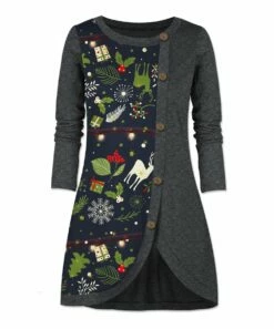 Discount ⌛ UDEAR Dark Gray & Green 🎅 Christmas Present Button Tunic - Plus 🧨