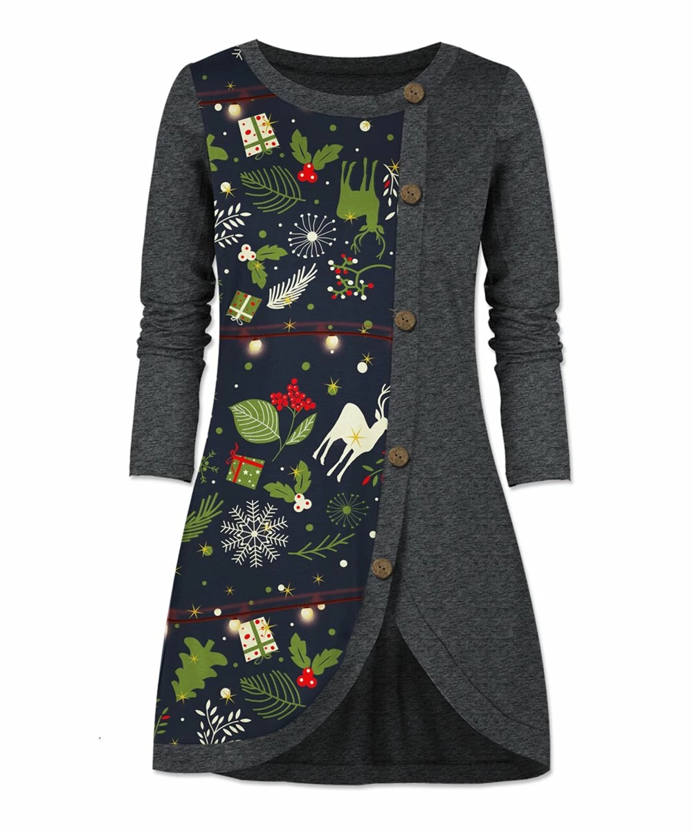 Discount โ UDEAR Dark Gray & Green ๐
Christmas Present Button Tunic - Plus ๐งจ
