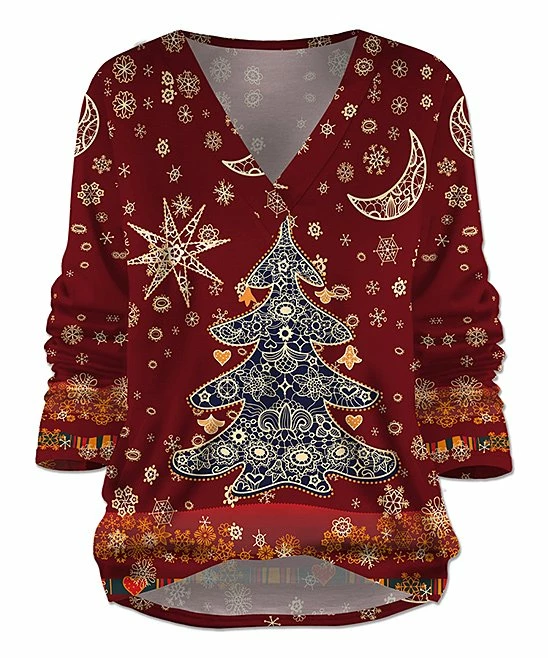 Outlet โจ UDEAR Orange & Red Moon Tree V-Neck Hi-Low Top - Plus โญ