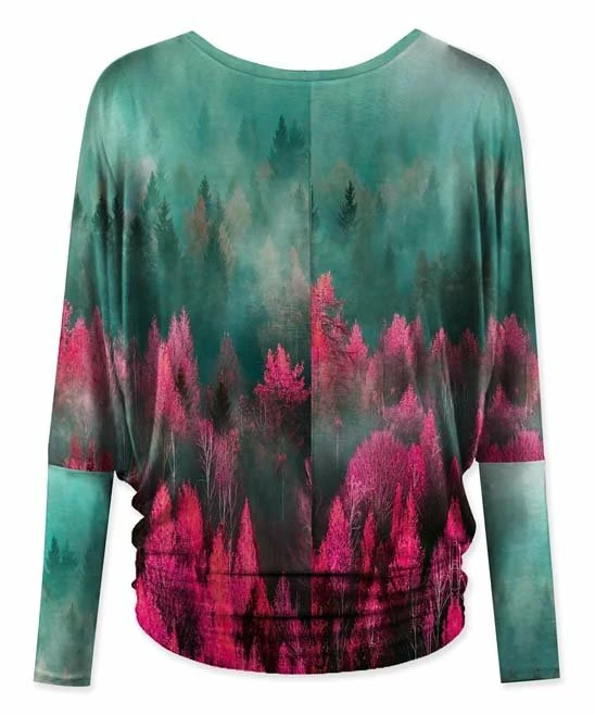 Deals ๐ UDEAR Green & Rose Red Forest Ruched Long-Sleeve Dolman Top - Plus ๐ฏ - Image 3