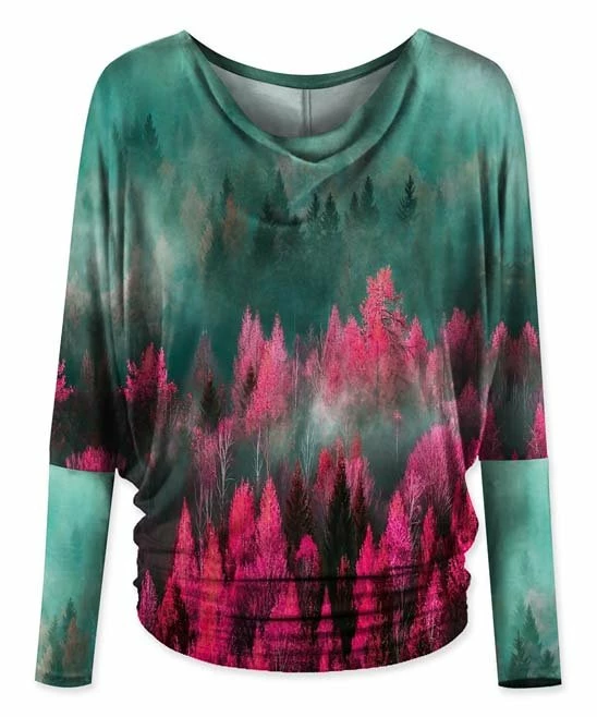 Deals ๐ UDEAR Green & Rose Red Forest Ruched Long-Sleeve Dolman Top - Plus ๐ฏ