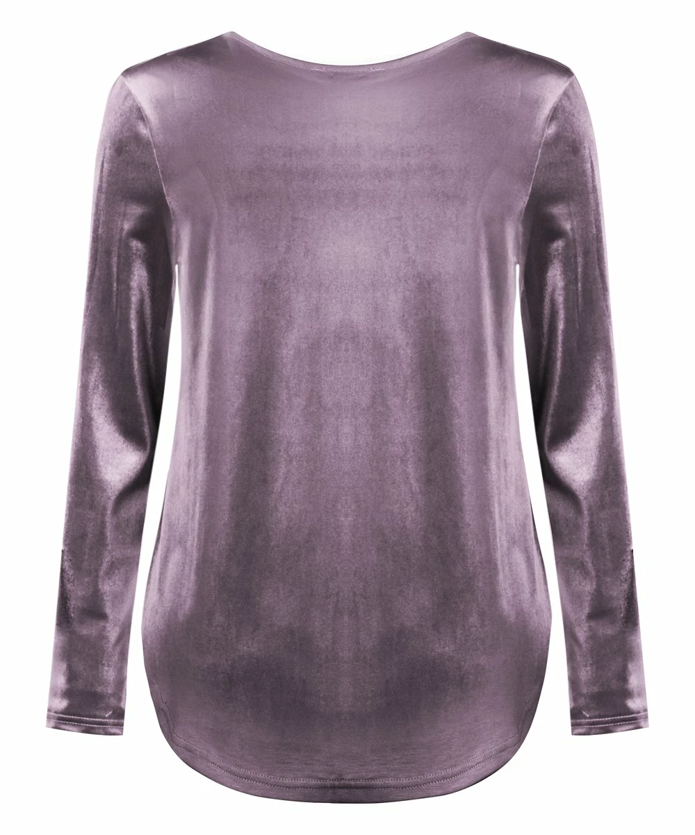 Best Sale ๐ฅฐ UDEAR Pink Purple Velvet Curved-Hem Long-Sleeve Top - ๐ฉ Women & Plus ๐งจ - Image 2