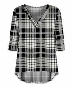 Top 10 🌟 UDEAR Black & White Wide Check Plaid V-Neck Hi-Low Top - Plus 🎁