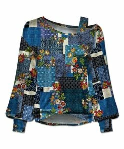 Hot Sale ⭐ UDEAR Blue & Red Floral Patchwork Bishop-Sleeve Top - 👩 Women 🧨