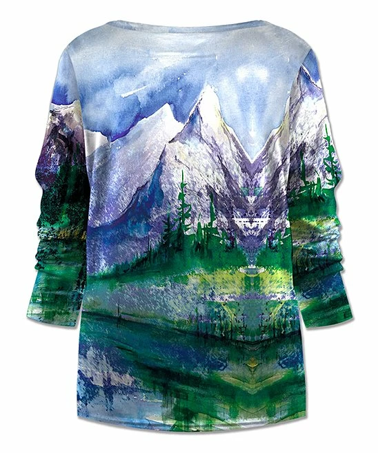 Brand new ๐ UDEAR Green & Blue Abstract Mountains V-Neck Hi-Low Top - Plus ๐ - Image 2