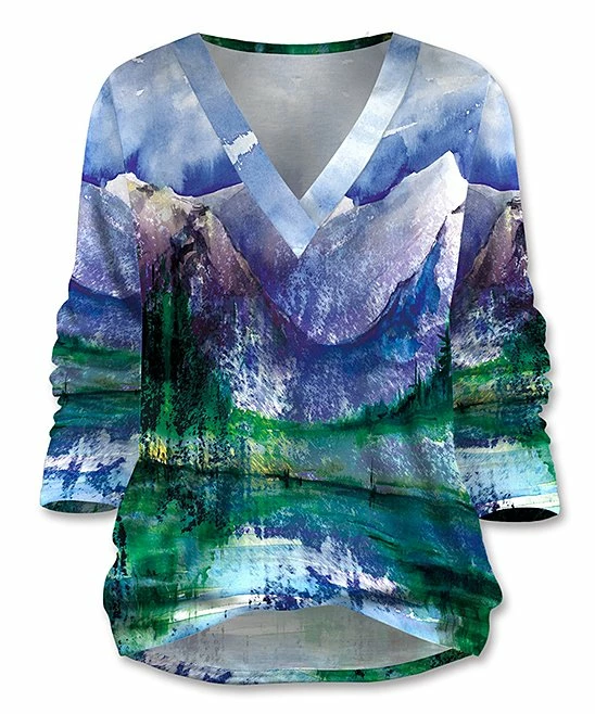 Brand new ๐ UDEAR Green & Blue Abstract Mountains V-Neck Hi-Low Top - Plus ๐
