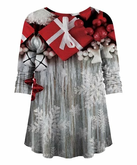 New โค๏ธ UDEAR Red & Gray Snowflake V-Neck Hi-Low Top - Plus ๐ฏ - Image 2