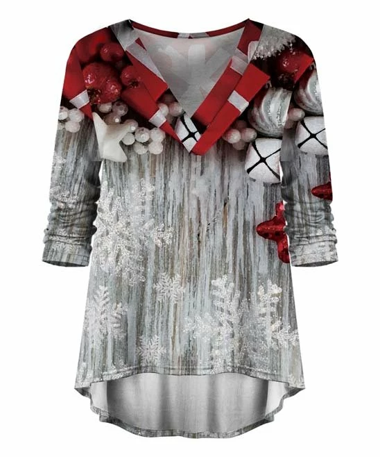 New โค๏ธ UDEAR Red & Gray Snowflake V-Neck Hi-Low Top - Plus ๐ฏ