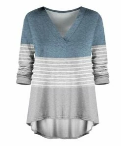 Brand new 🛒 UDEAR Heather Blue & Light Gray Stripe V-Neck Hi-Low Top - 👩 Women 💯