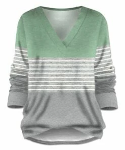 Best Pirce 🎁 UDEAR Light Green & Light Gray Stripe Color Block V-Neck Top - Plus 👍