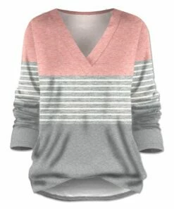 Best Pirce 👏 UDEAR Light Gray & Orange-Pink Stripe Color Block V-Neck Top - Plus 🎁