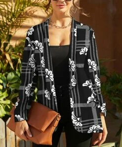 Coupon 🎁 UDEAR Black & White Plaid Floral Shawl-Collar Open Blazer - 👩 Women 😉