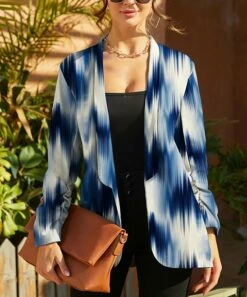 Deals ❤️ UDEAR White & Blue Abstract Brushstroke Shawl-Collar Open Blazer - Plus 🤩
