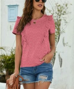 Best deal 🧨 UDEAR Heather Pink Ruffle-Accent Short-Sleeve Top - 👩 Women 🧨