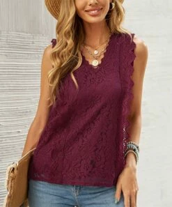 Best reviews of ✨ UDEAR Red Floral Lace V-Neck Sleeveless Top - 👩 Women 🛒