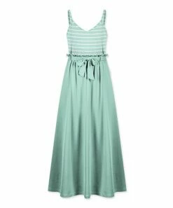 Brand new 🎉 UDEAR Light Green & White Stripe Belted Empire-Waist Maxi 👗 Dress - 👩 Women ⭐