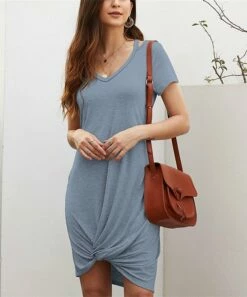 Best Sale 👏 UDEAR Gray Blue Knot-Front Short-Sleeve V-Neck 👗 Dress - 👩 Women ❤️