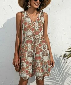 Buy ๐คฉ UDEAR Cream & Green Floral Skulls V-Neck Sleeveless Shift ๐ Dress - ๐ฉ Women ๐
