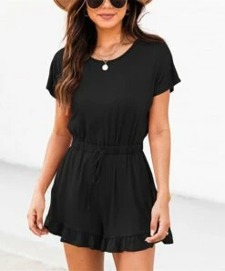 Cheap ๐ฏ UDEAR Black Scoop Neck Drawstring Accent Ruffle Romper - ๐ฉ Women ๐งจ