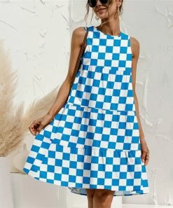 Flash Sale 🌟 UDEAR White & Bright Blue Checkerboard Tiered Sleeveless Shift 👗 Dress - Plus ⭐