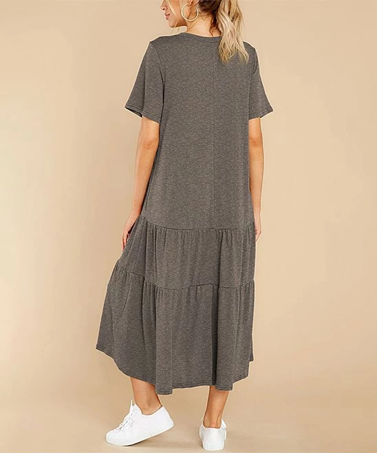 Best Pirce 🔥 UDEAR Light Heather Coffee Tiered Short-Sleeve Midi 👗 Dress - 👩 Women ✨ - Image 2