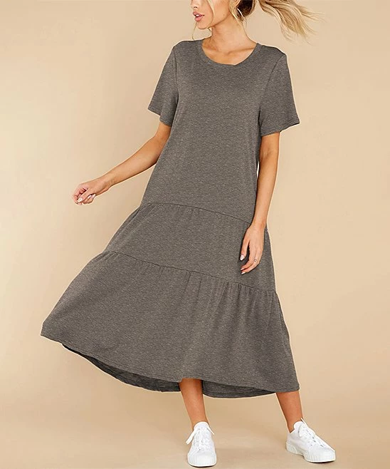 Best Pirce 🔥 UDEAR Light Heather Coffee Tiered Short-Sleeve Midi 👗 Dress - 👩 Women ✨