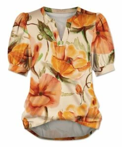 Buy 🔥 UDEAR Orange & Green Floral Notch Neck Puff-Sleeve Top - Plus 😉