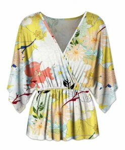 Flash Sale 👏 UDEAR Yellow & White Floral Kimono-Sleeve Surplice Top - 👩 Women & Plus 👏