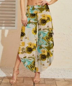 Brand new 🔔 UDEAR Yellow & Green Abstract Floral Side-Slit Palazzo Pants - 👩 Women 👏