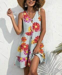 Hot Sale 🧨 UDEAR Aqua Green & Red Floral Sleeveless V-Neck 👗 Dress - 👩 Women ✔️