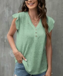 Buy โ๏ธ UDEAR Heather Light Green Button-Front Ruffle-Sleeve Top - ๐ฉ Women โญ