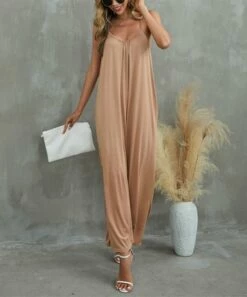 New 😀 UDEAR Khaki Pocket Sleeveless Wide-Leg Jumpsuit - 👩 Women ⌛