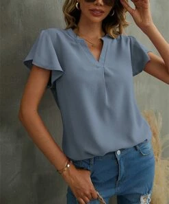 New ๐คฉ UDEAR Light Blue Flutter-Sleeve Notch Neck Top - Plus ๐