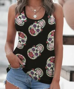 Brand new 🛒 UDEAR Rose Red & Black Sugar Skull Racerback Tank - 👩 Women 🎁
