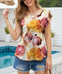 Best Sale ⌛ UDEAR White & Orange Floral Notch Neck Top - 👩 Women 🛒