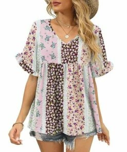 Best Pirce 🛒 UDEAR Purple & Pink Floral Patchwork V-Neck Top - 👩 Women ⭐