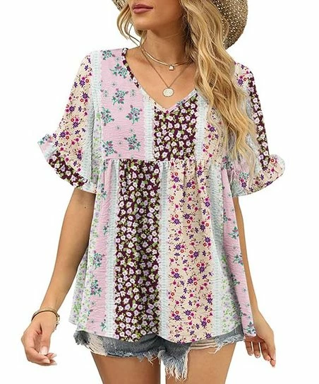 Best Pirce ๐ UDEAR Purple & Pink Floral Patchwork V-Neck Top - ๐ฉ Women โญ