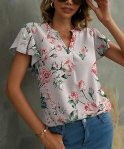 Best deal 🛒 UDEAR Gray & Red Floral Notch Neck Flutter-Sleeve Top - 👩 Women 🥰