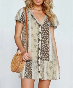 Hot Sale 🥰 UDEAR Coffee & Pink Floral Front-Button 👗 Dress - 👩 Women 🎉