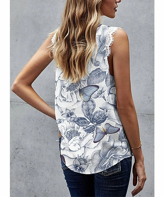 Best deal 🌟 UDEAR Light Blue & White Floral Lace V-Neck Tank - Plus 😀 - Image 2