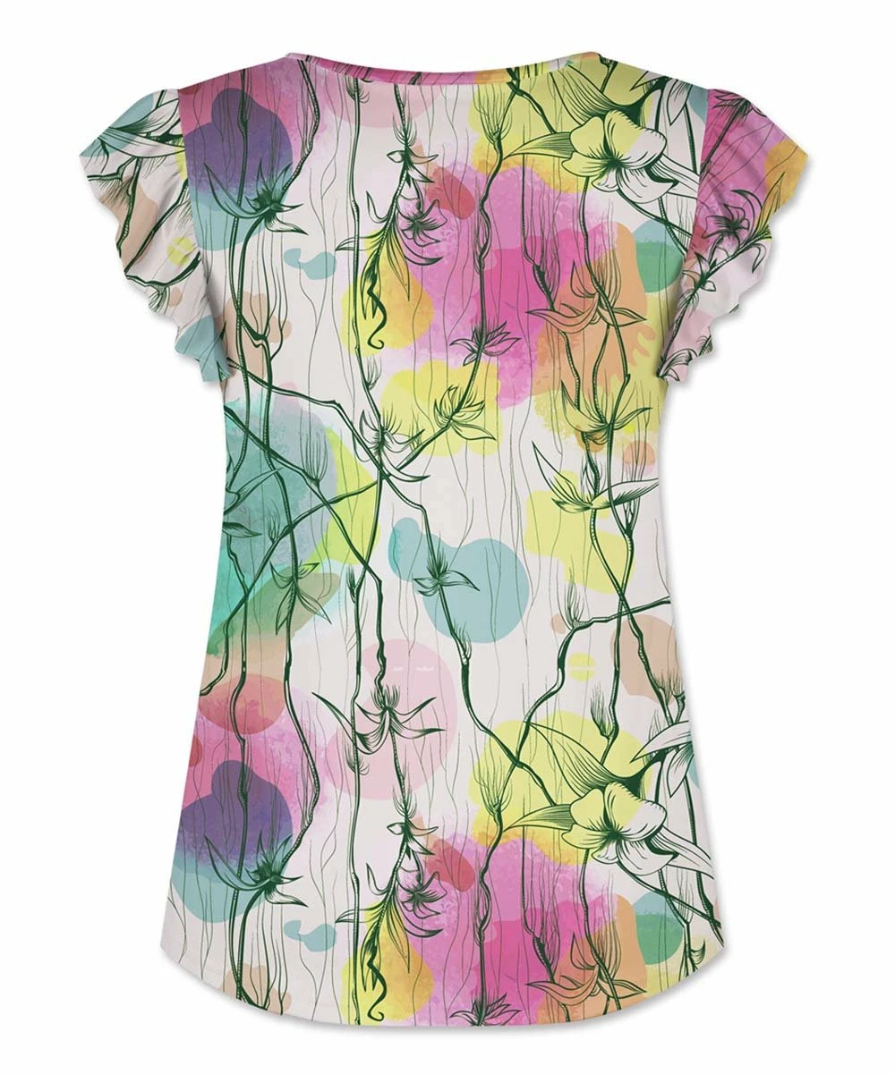Buy ๐ UDEAR Green & Yellow Floral Flutter-Sleeve Notch Neck Top - Plus ๐คฉ - Image 2
