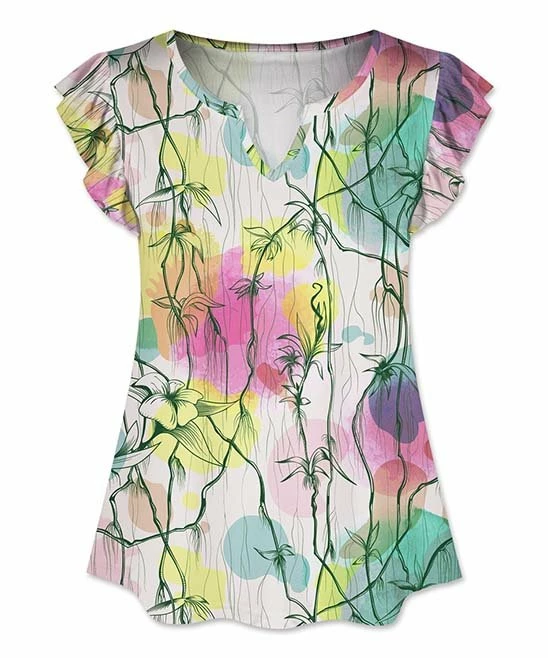 Buy ๐ UDEAR Green & Yellow Floral Flutter-Sleeve Notch Neck Top - Plus ๐คฉ