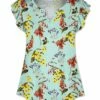 Cheap ❤️ UDEAR Aqua Green & Yellow Floral Flutter-Sleeve Notch Neck Top - 👩 Women 😀