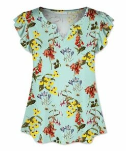 Cheap โค๏ธ UDEAR Aqua Green & Yellow Floral Flutter-Sleeve Notch Neck Top - ๐ฉ Women ๐