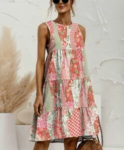 Best Pirce 🤩 UDEAR Green & Red Floral Keyhole-Back Sleeveless 👗 Dress - 👩 Women 😉