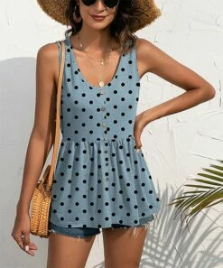 Hot Sale ⌛ UDEAR Light Blue & Black Dots V-Neck Tank - 👩 Women 🌟