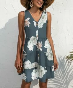 Budget 🎁 UDEAR Teal & White Floral V-Neck Sleeveless 👗 Dress - 👩 Women 🤩